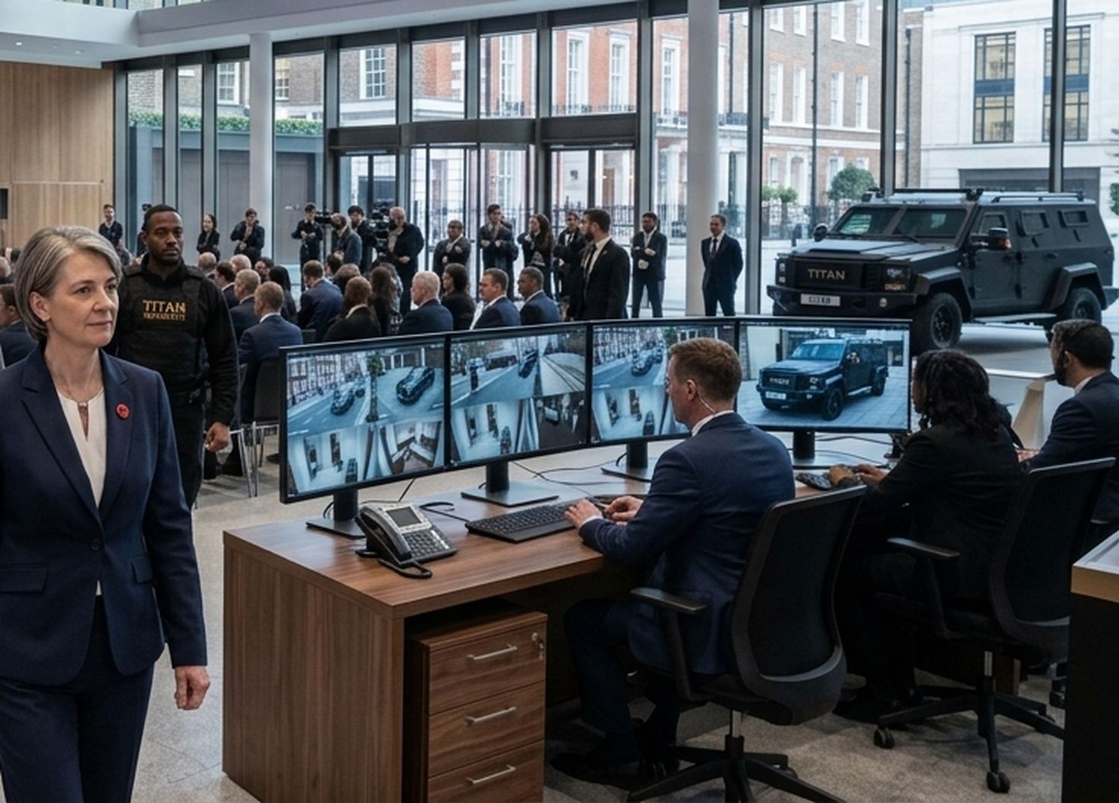 Titans by Fàdé indoor security officers and CCTV monitoring desk in a London building