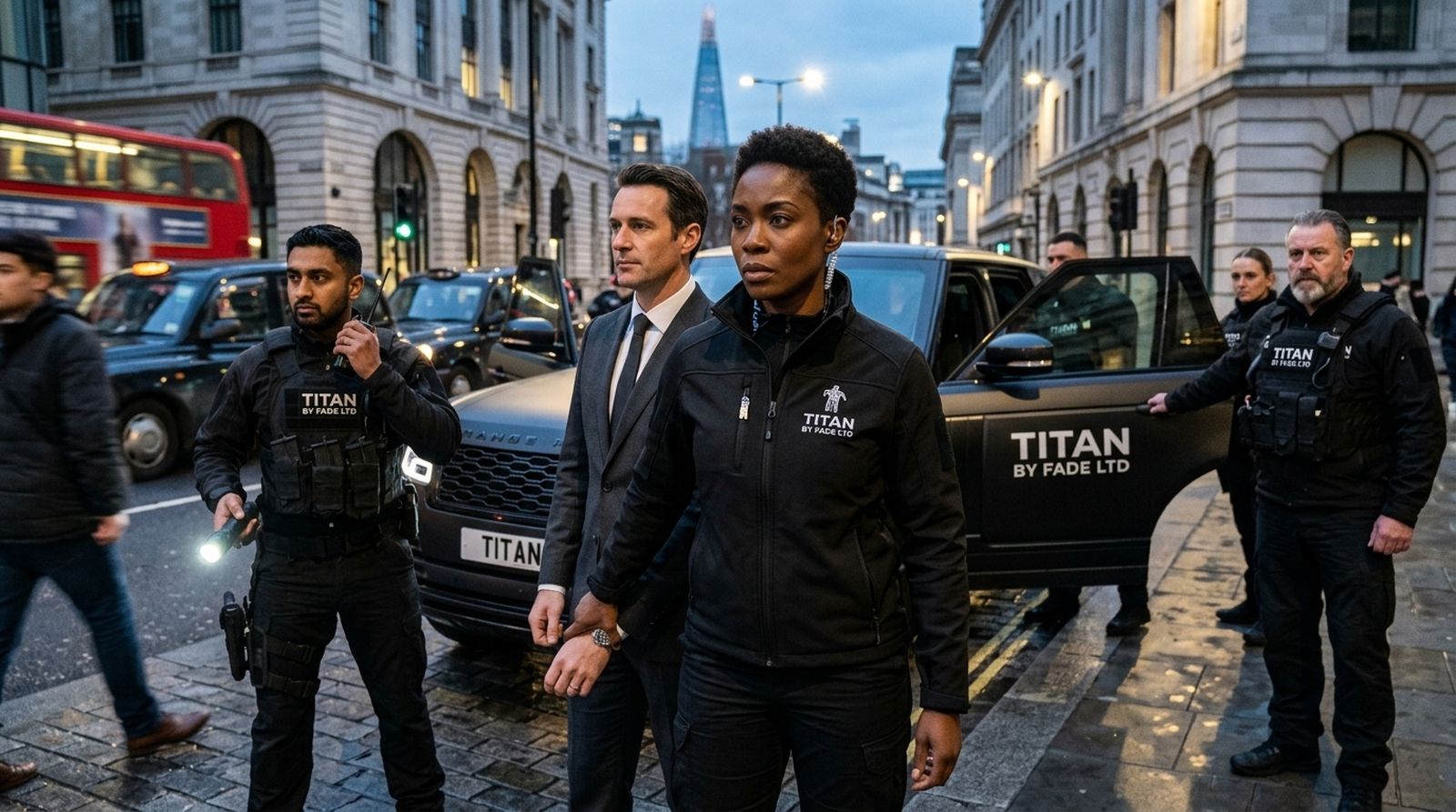 Titans by Fàdé security team escorting a client in Central London